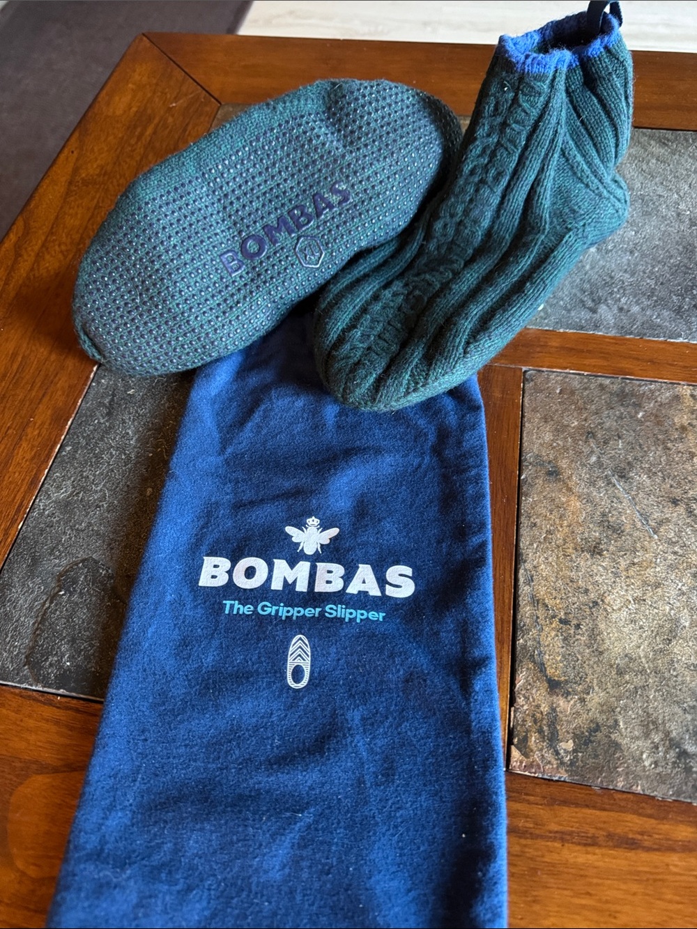 Bombas Men's The Gripper Slipper Knit House Shoes Size XL Green Blue with bag